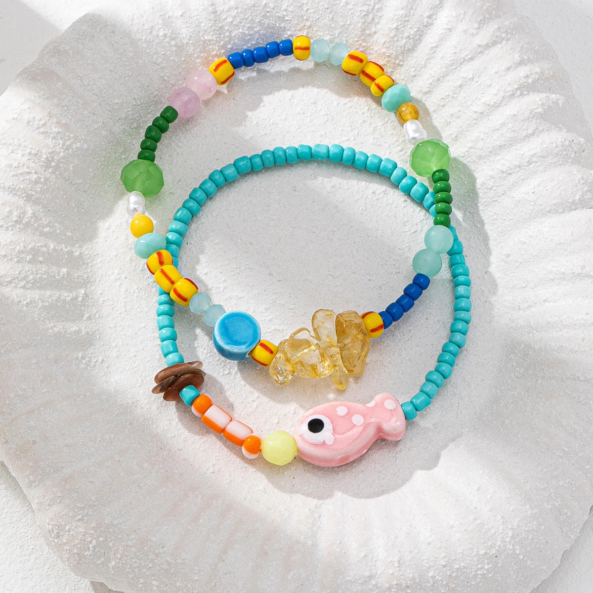 Набор браслетов с бусинами в виде рыбок, милый модный женский летний набор браслетов.