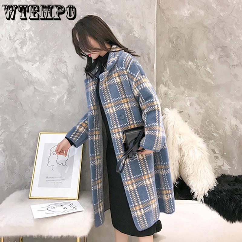 Płaszcze i kurtki damskie Moda Damski dwurzędowy wełniany płaszcz w kratę Damski płaszcz