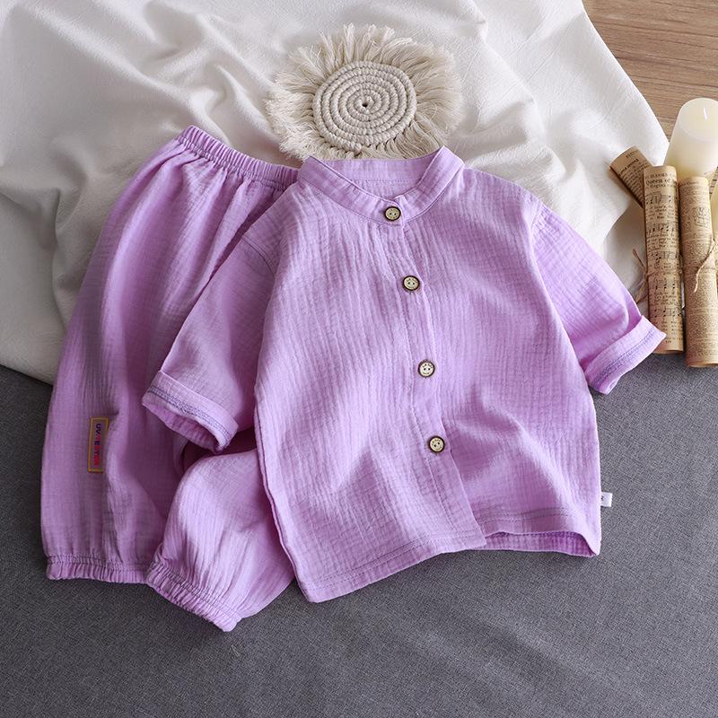 Kids' Stand Collar Cotton Gauze Summer Set - Lightweight Homewear for Boys & Girls