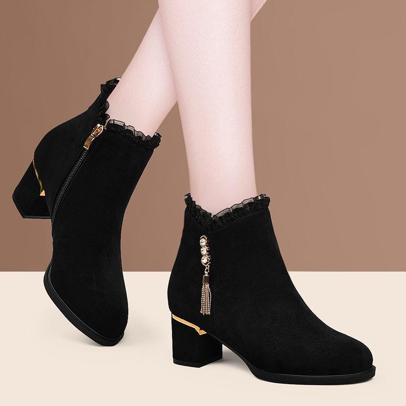 Boots Women - Round Toe Tassel Furry Lined Mid Heel Ankle Boots Diamond Decor Zip Side