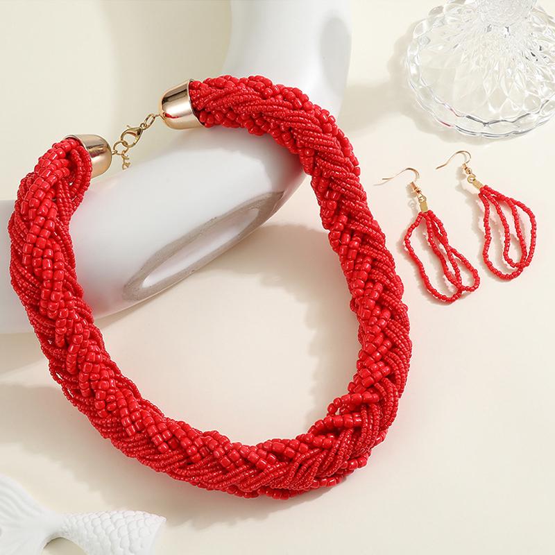 Bohemian Style European Colorful Multi-layer Rice Beads Handmade Woven Necklace Earrings Set