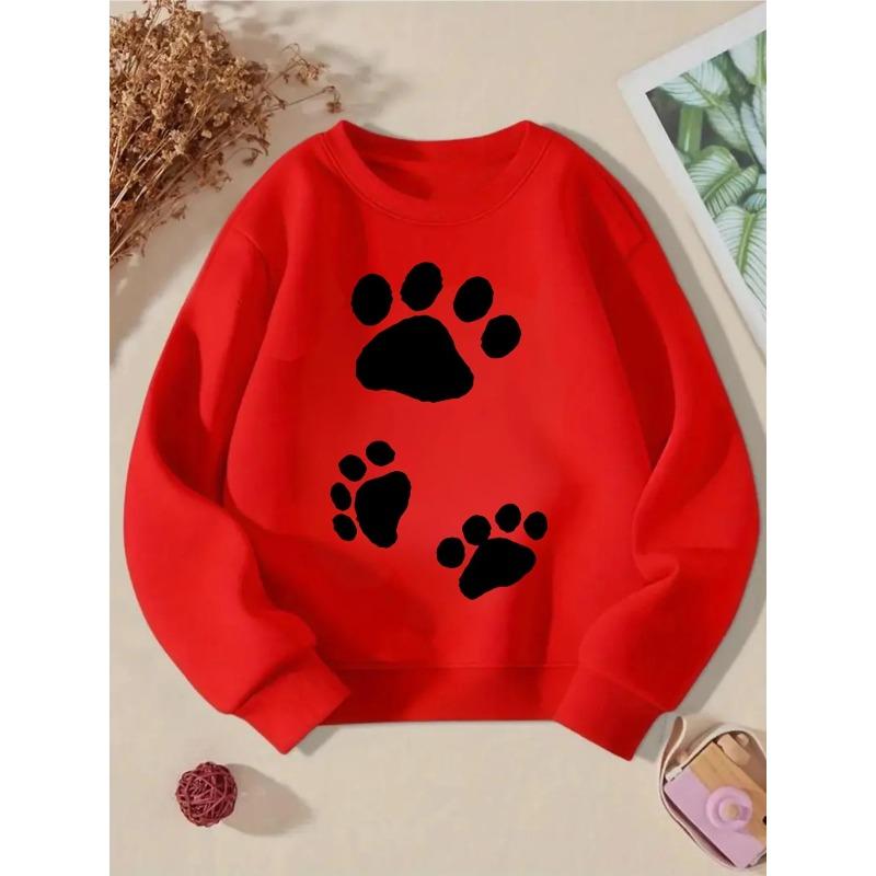 European sizes Kids' Crewneck Sweatshirt - Paw Prints Pattern Black White, Sportswear And Casual Wear, Soft And Comfortable, Clothing, Teenagers