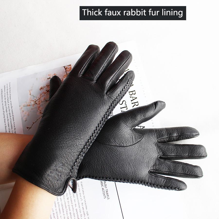 Goatskin Deerskin Grain Leather Gloves Women's Fashion Simple Style Velvet Lining Autumn Winter Warm Motorcycle Riding Glove