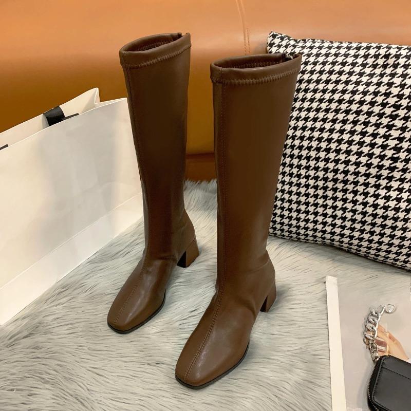 Fashion Long Tube Women's Knee-length Cotton Boots Autumn New All-match Square Toe Plus Fleece High Tube Block Heel Skinny Boots