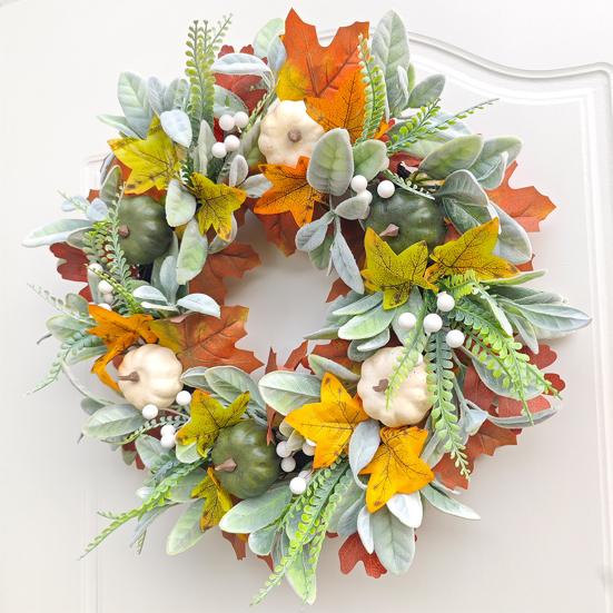 Simulated Wreath Autumn Maple Leaf Pumpkin Pine Cone Berry Wreath Realistic Simulated Fall Harvest Thanksgiving Door Decor