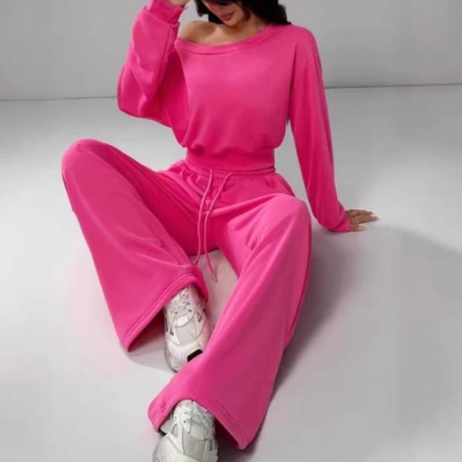 Spot European beautiful women long-sleeved top trousers set new navel casual fashion set