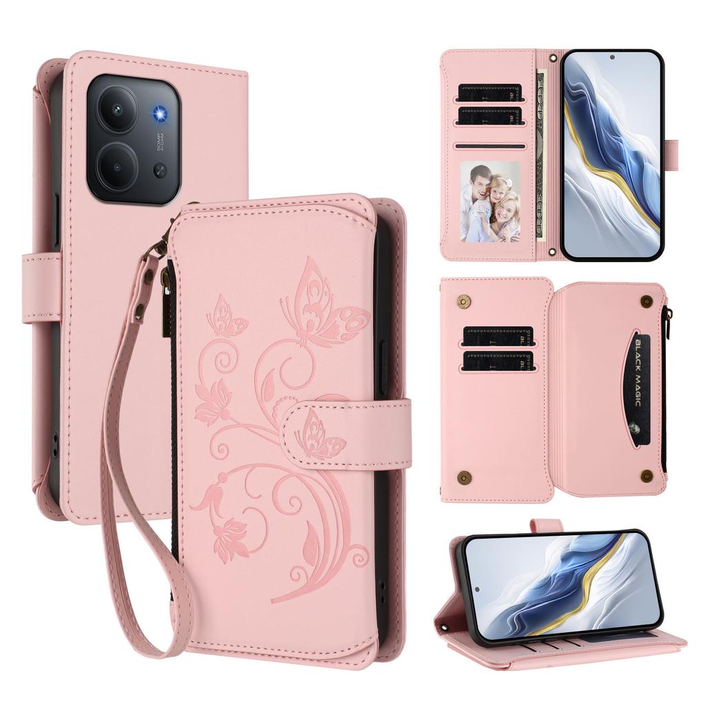 For Xiaomi Redmi 15C 5G (EU) (173mm)/Xiaomi Redmi 15C 4G (EU) (173mm) Leather Case Butterfly Floral Imprint Zipper Wallet Stand Cover with Wrist Strap