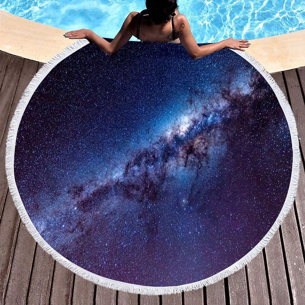 Starry Sky Galaxy Print Round Beach Towel with Tassels,Microfiber Beach Blanket,Absorbent Quick Dry Swim Pool Towel Picnic Mat