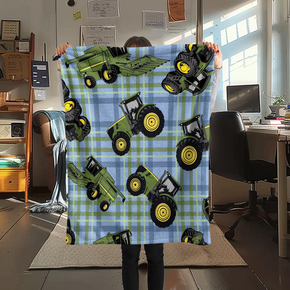 1Pc John Green Tractor Print Flannel Blanket, High Quality Comfortable for All Seasons, Home Decor, Warmth and Comfort, Perfect for Christmas Gifts