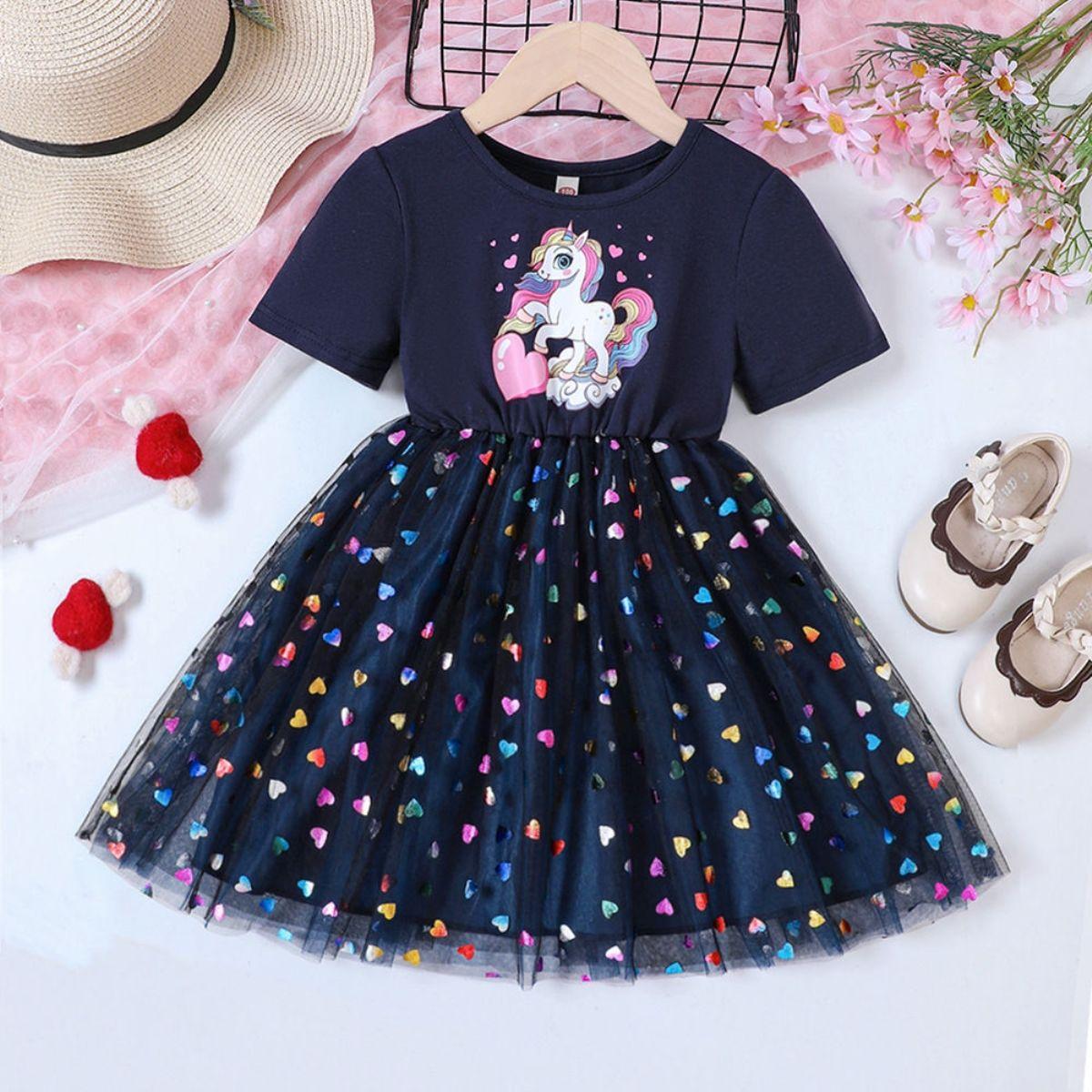 Girls Fashion Dresses: Summer Children s Unicorn Tulle Princess Dress 90cm тёмно-синий