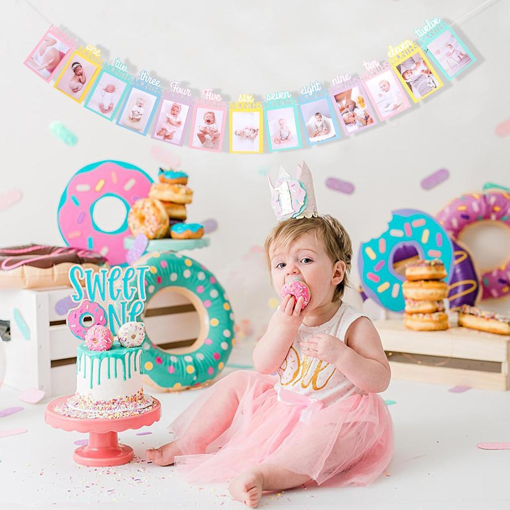 Rainbow Girls 1st Birthday Decorations - Colorful 1 To 12 Months Photo Banner,Newborn Monthly Milestone Photos,Baby Girl First Year Rainbow Themed