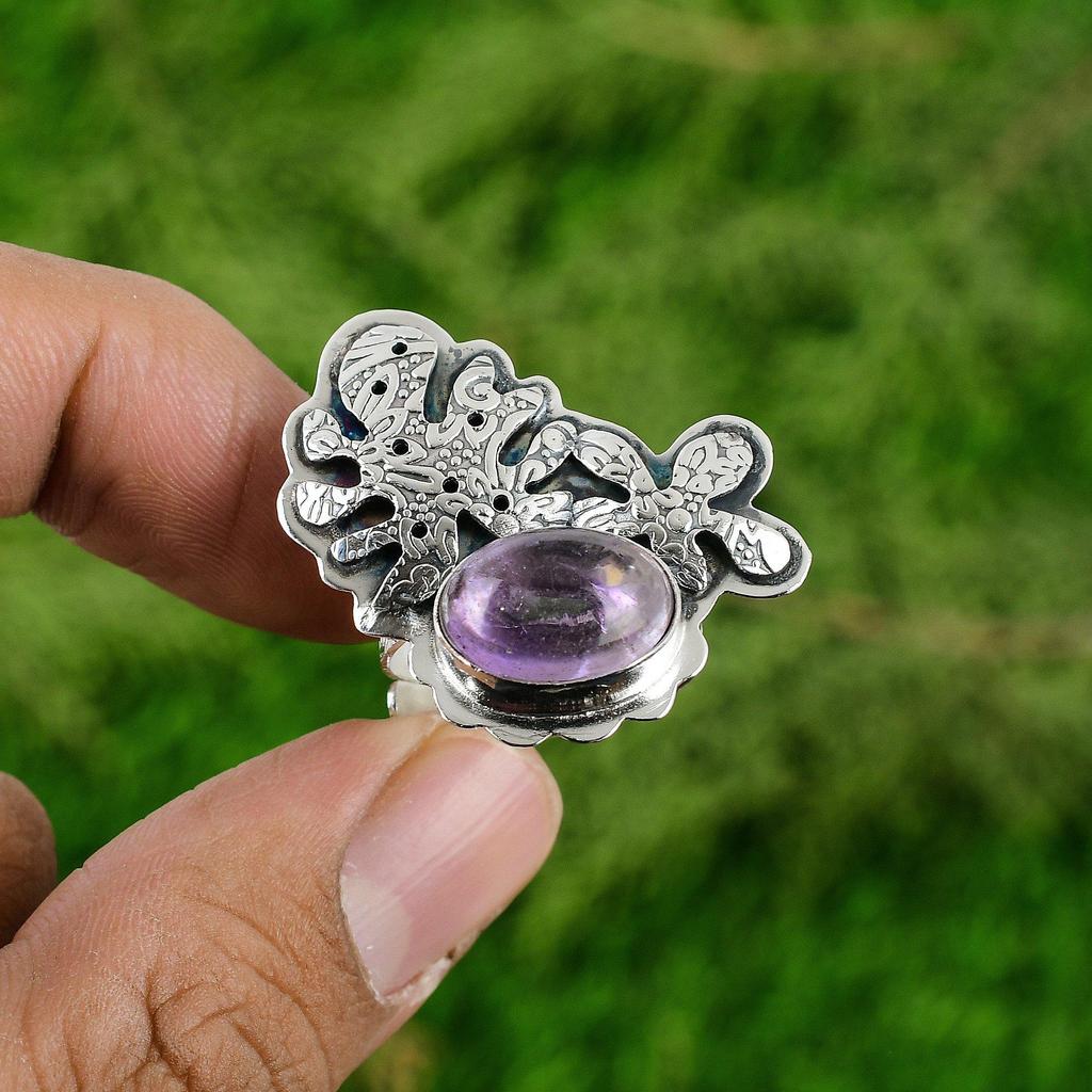 Womens day Deal Oval African Amethyst Stone Promise Ring Jewelry Sterling Silver