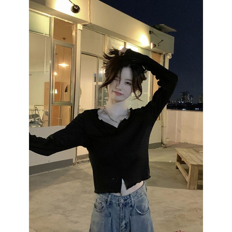 

Чистая сексуальная горячая девушка белая футболка с длинными рукавами для женщин с нишевым дизайном чистый хлопок облегающий короткий осенний топ XL чёрный