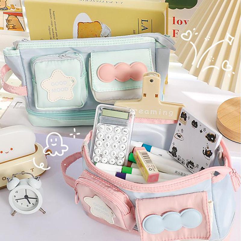 Large Capacity Pen Bag Kawaii Pencil Case Dopamine Color Block Stationery Ins Style Makeup Organizer Bag