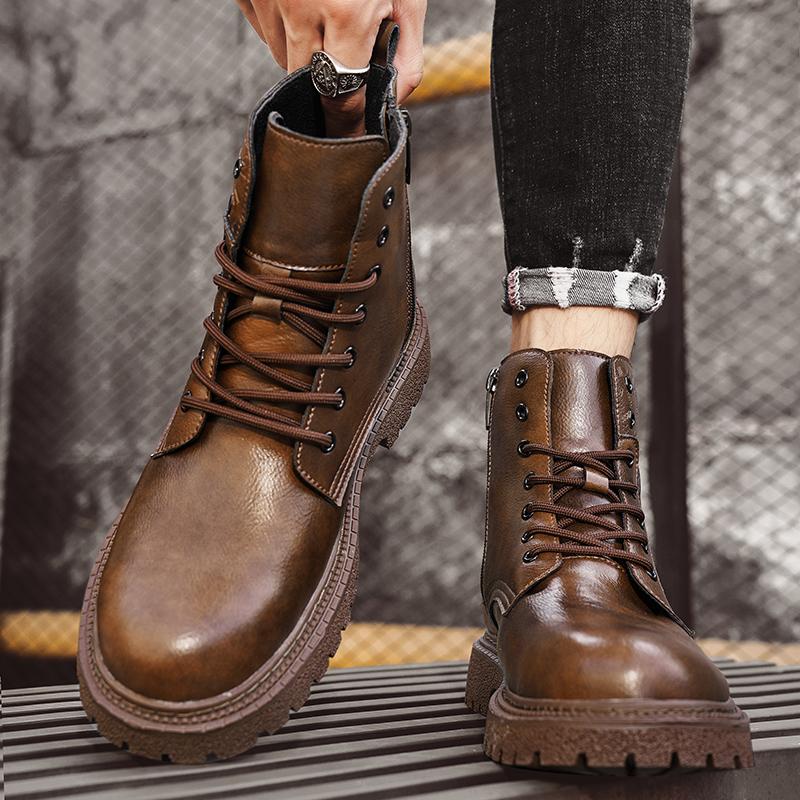 New Motorcycle Boots Casual Leather Men Walking Boots All-match Man High Top Shoes Brand Men Winter Plush Snow Boots