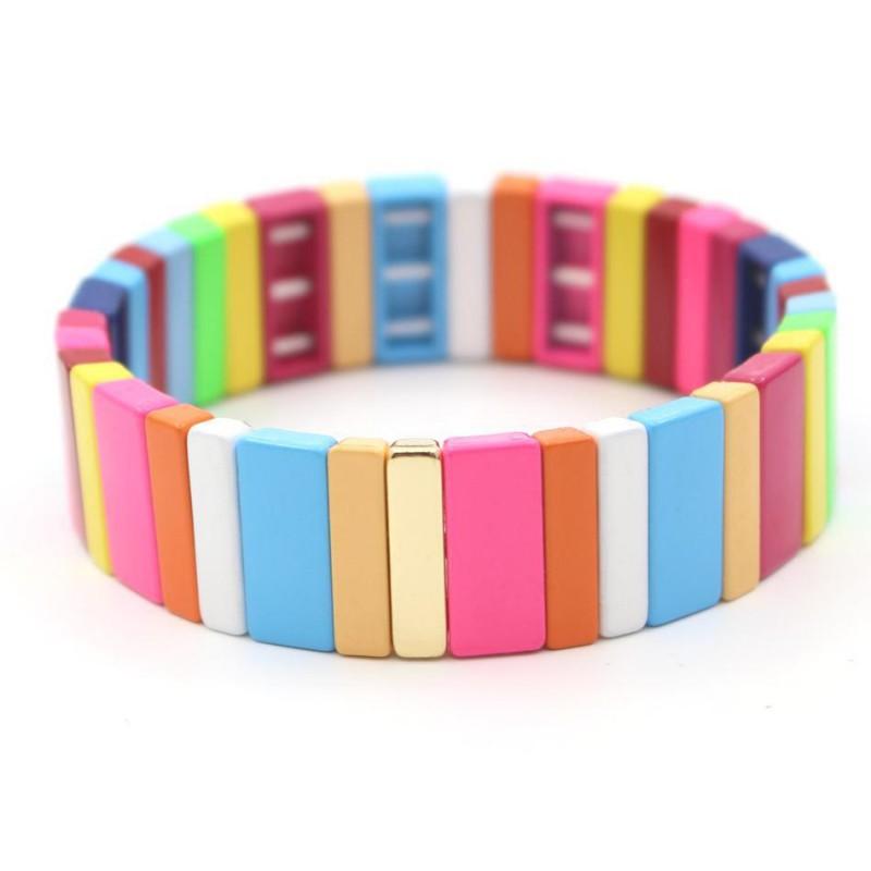 Geometric Enamel Bracelet With Rainbow Beads Multi-Layer Stackable Alloy Bangle Couples Unisex Jewelry