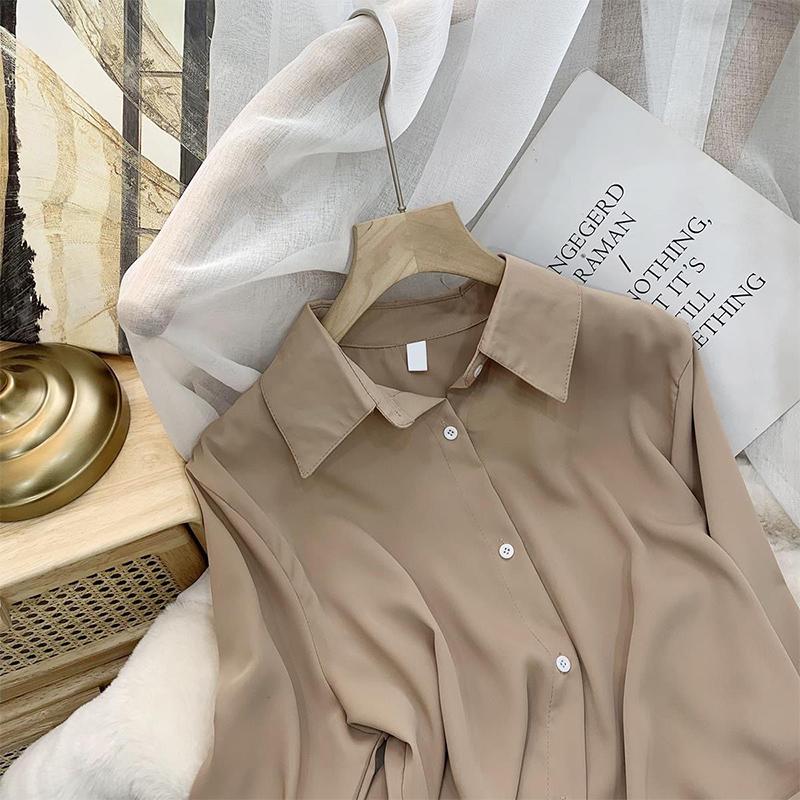 

HI-FASHION Шифонова блуза Жіноча біла сорочка з лацканами з довгим рукавом Весняна корейська сорочка Однотонна вільна сорочка Жіноча великих розмірів XXL