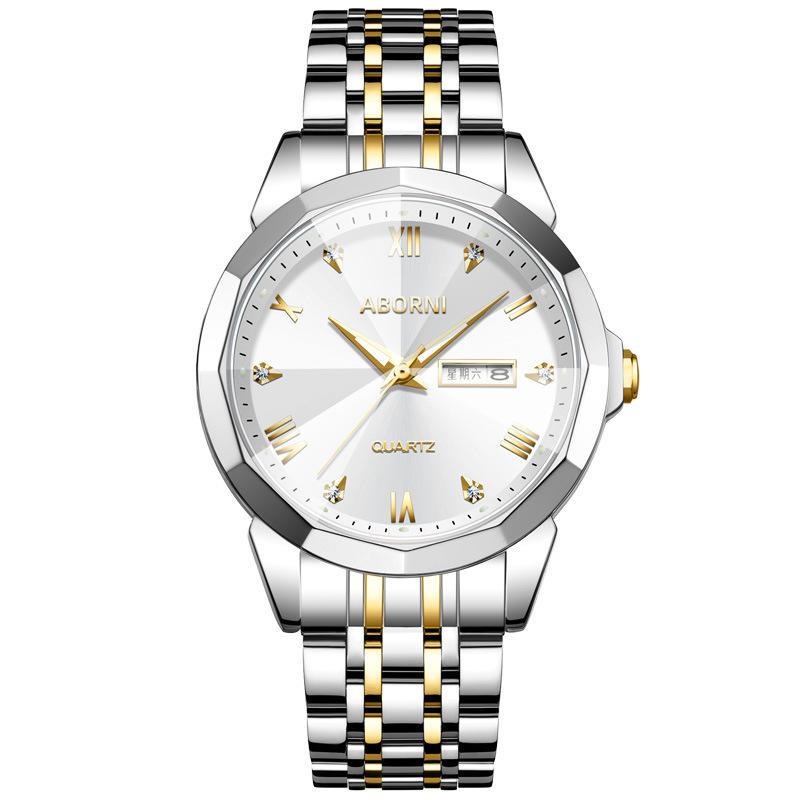 ABORNI Men's Watches Business Double Calendar Wristwatch Fashion Diamond Diamond-cut Mirror Steel Quartz Men's Watches