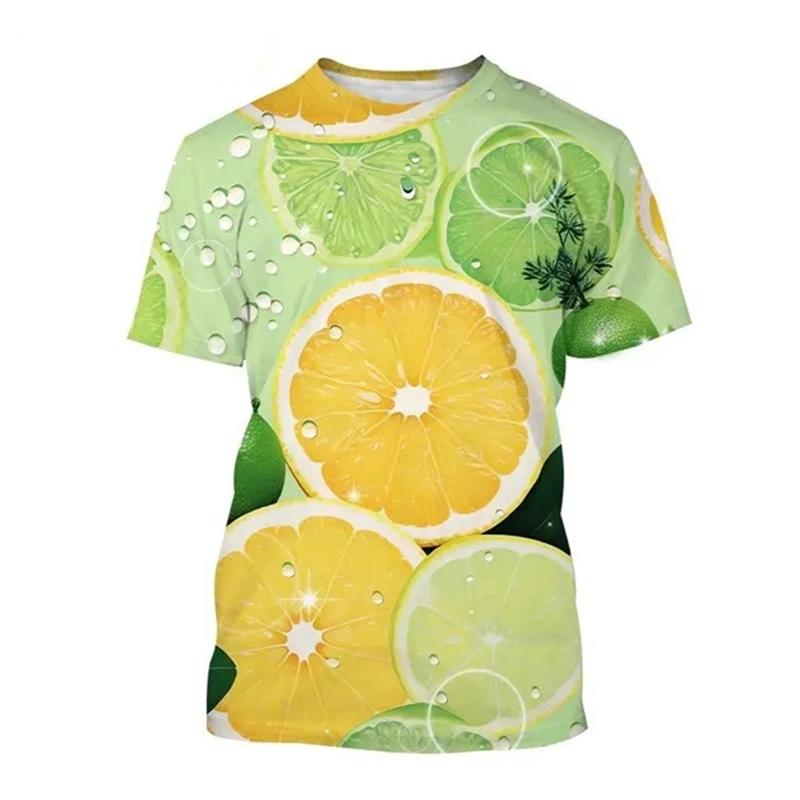 Summer Round Neck 3D Fruit Lemon Pattern Print Top Fashionable Casual Short Sleeved Men's and Women's Unisex T-shirts