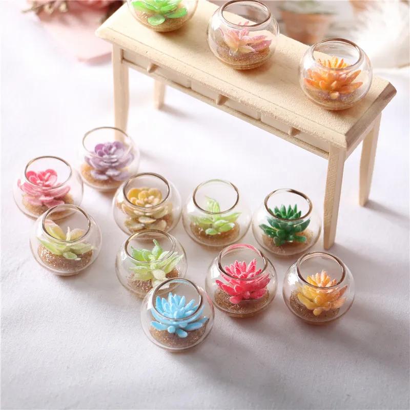 1pcs Miniature 1:12 Dollhouse Potted Glass Vase Lifelike Succulent Mode Decoration Desktop Ornaments Dolls House Accessories