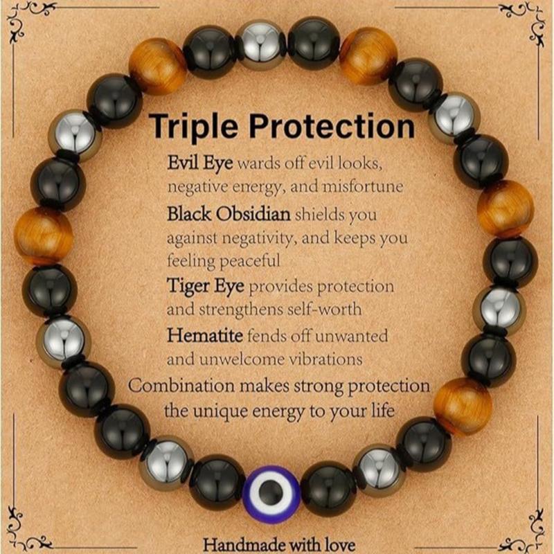 Эластичный Магнитный Браслет из Обсидиана и Тигрового Глаза Ручной Работы Регулируемый Браслет из Бусин Унисекс