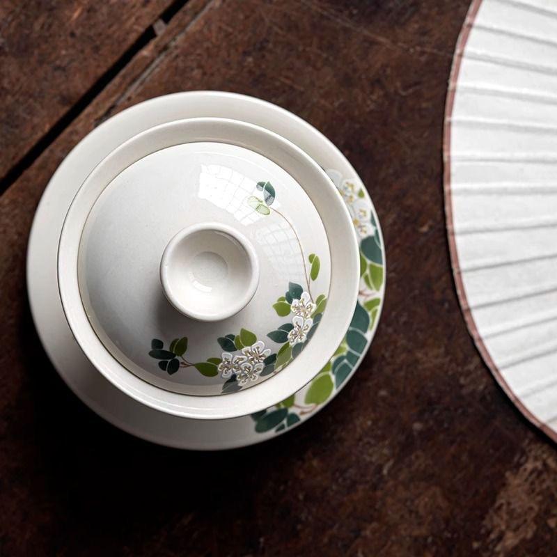 Handbemalte Kamelie Gaiwan Keramik Porzellan Teekanne Schüssel Drehbarer Deckel Untertasse Retro Teetassen Teeceremonie Teegeschirr Trinkgeschirr