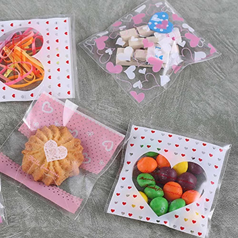 100 Pcs/set Cute Heart Printed Gift Packing Bags Baking Biscuit Food Candy Mini Packaging Bags