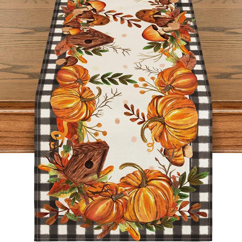 Chemin De Table Automne - 33 X 183 Cm, Motif Feuilles D'érable Et Citrouille, Lin