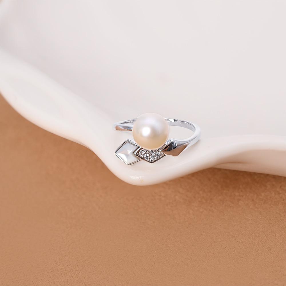 Rhombus 925 Sterling Silver Pearl Ring CZ Inlaid 10-11mm Natural Freshwater Pearl Rings Adjustable for Women Daily