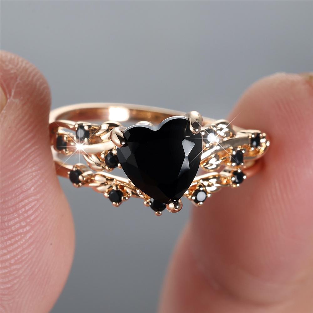 

Crystal Female Black Blue Zircon Love Heart Ring Set Fashion Vintage Gold Color Bridal Wedding Engagement Jewelry For Women 6
