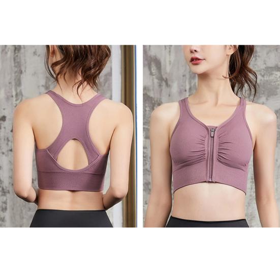 Women Shockproof Gathered Yoga Running Bra Hollow Beautiful Back Front Zipper Sports Underwear Seamless Solid Color Sport Brassiere