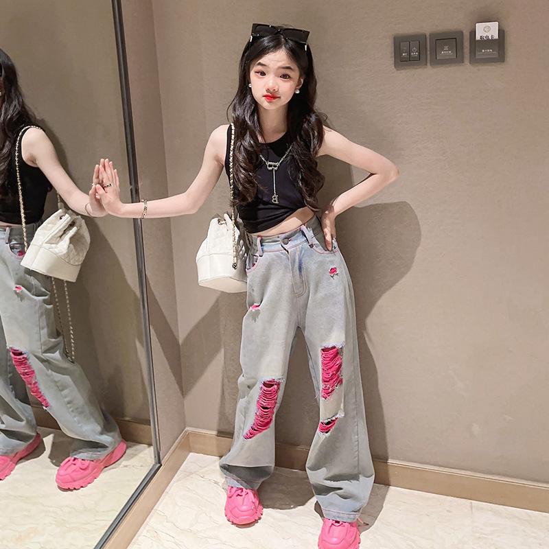 

Девочки Мода Бабочка Распыление Джинсовые Широкие Брюки Высокая Талия Корейский Стиль Длинные Джинсы Подростковые Брюки 140 розовый