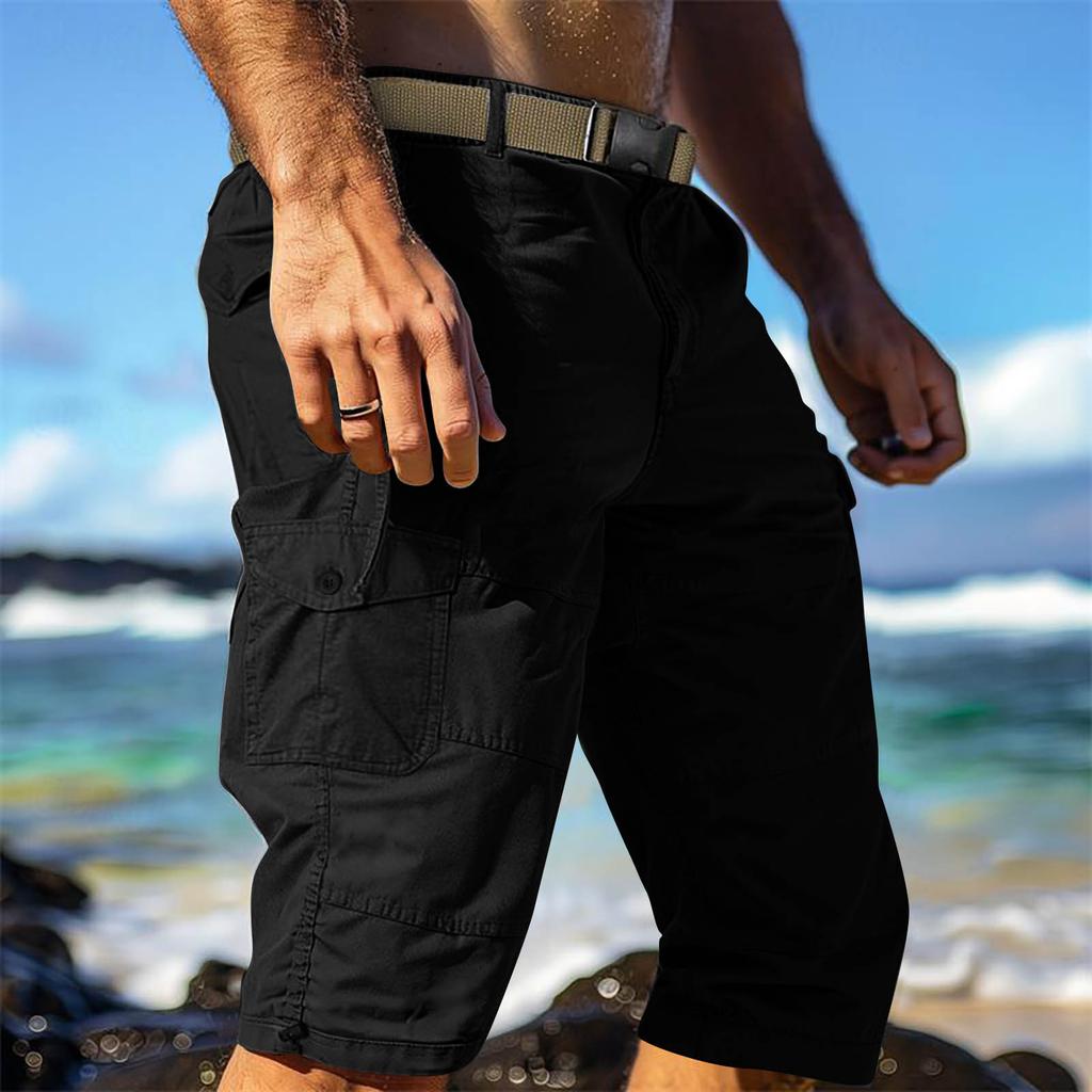 Men's Workwear Shorts With Multiple Pockets, Elastic Waistband, Loose Cotton, Casual Outdoor Lightweight Work Shorts