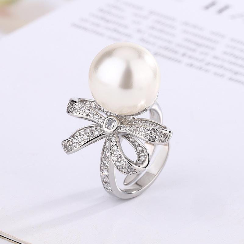 Shengsheng Jewelry Copper Bottom Gold Plated Pearl Retro Bow Ring Female 14Mm