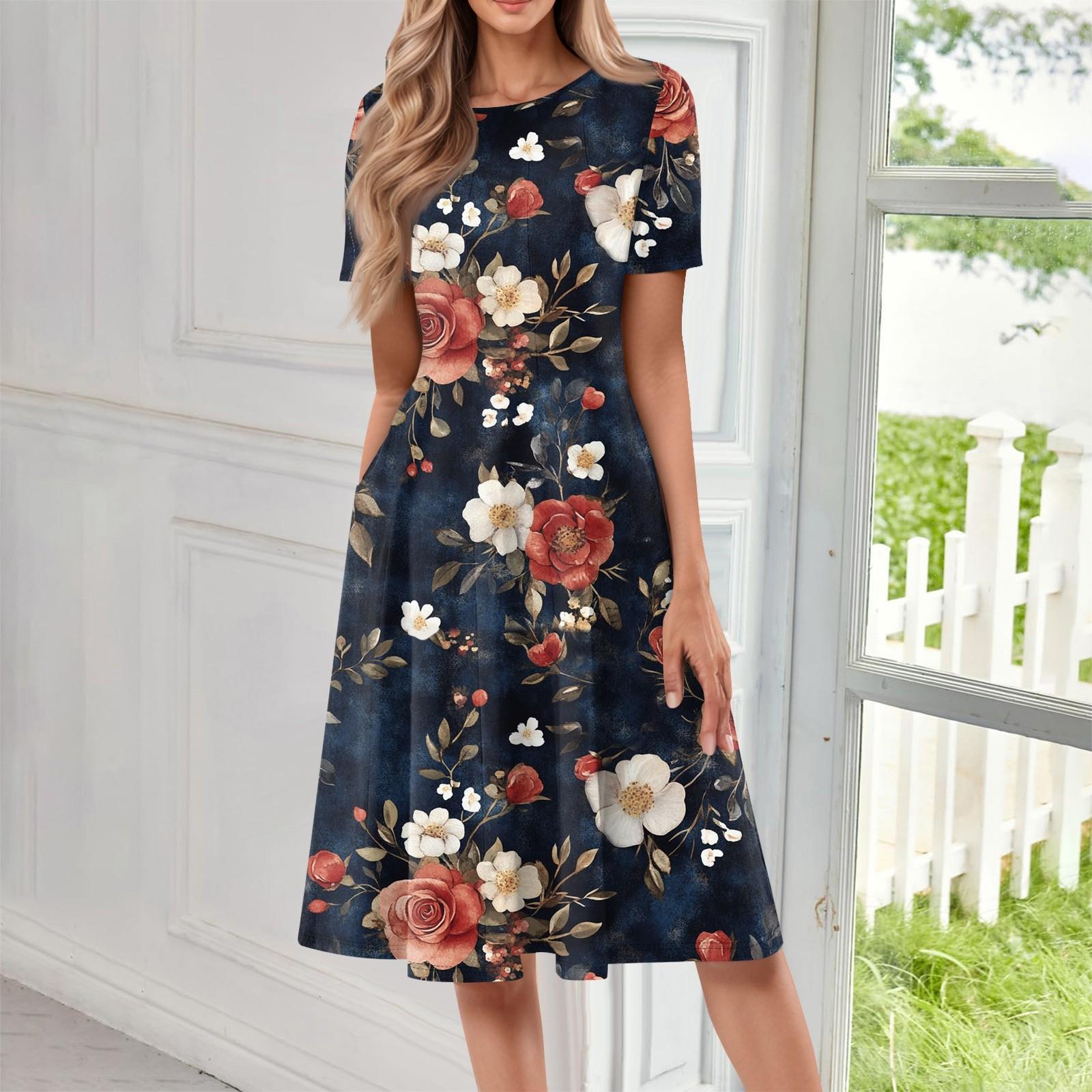 

Женское модное платье-пуловер с круглым вырезом и принтом, свободным коротким рукавом и карманом L тёмно-синий