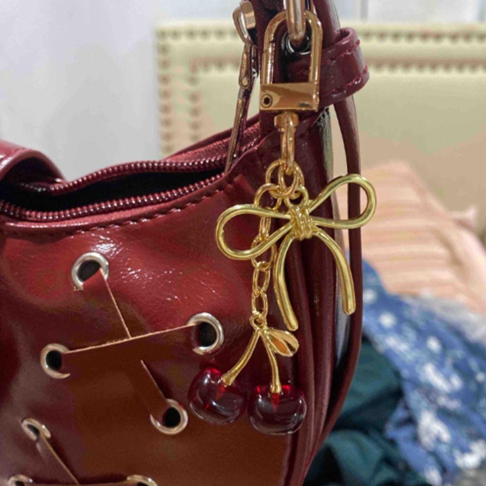 Fashion Delicious Red Cherry Bow Keychain Summer Fruits Cherries Pendant Keyring For Women Men Jewelry Bag Accessories Gift