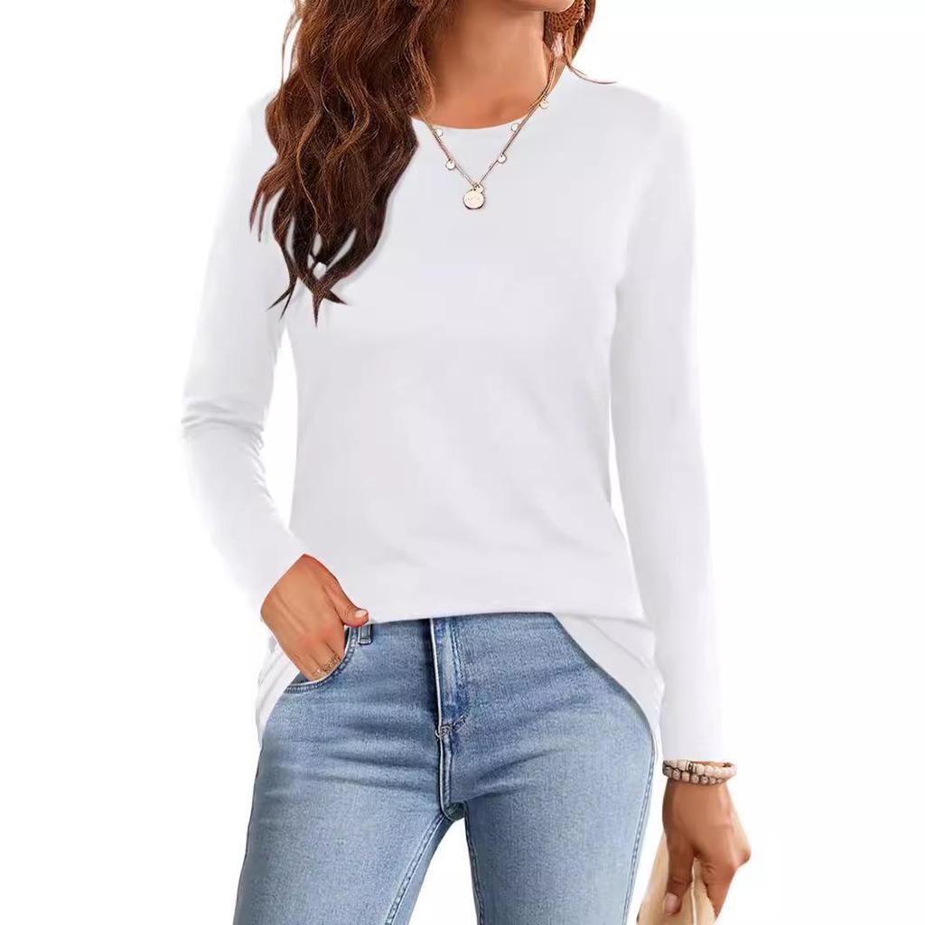 2024 Women's Casual Solid Color Long Sleeve Round Neck T-shirt - European & American Spring/Autumn Style