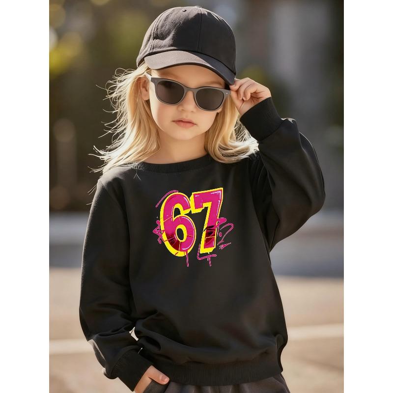 Kids Unisex Black Crewneck Sweatshirt, Graffiti Pink Yellow 3D 67 Number Print Long Sleeve Pullover, Casual Sweatshirt for Boys Girls Over 4 Years Old