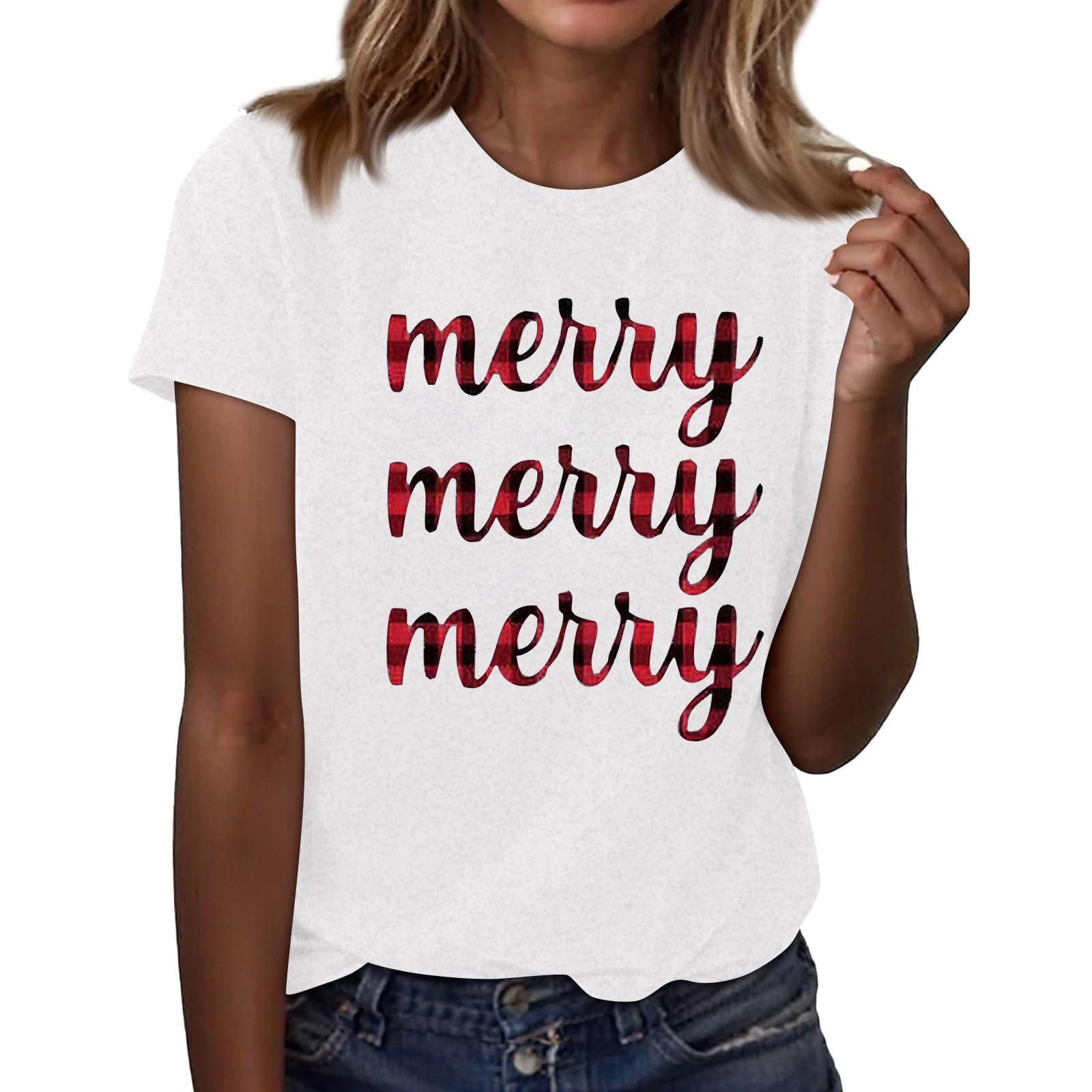 

Женская мода повседневный рождественский принт короткий рукав свободный круглый вырез пуловер топ XL белый