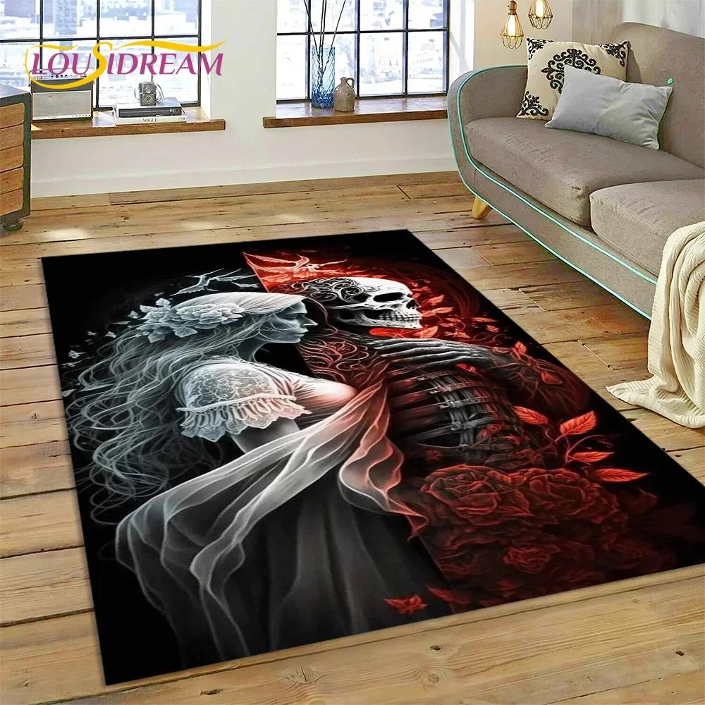Totenkopf Totes Mädchen 3D Gothic Horror Weiblich Rose Teppich für Wohnzimmer Schlafzimmer Dekoration, Rutschfeste Dekoration für Sofa Fußmatte Geschenk