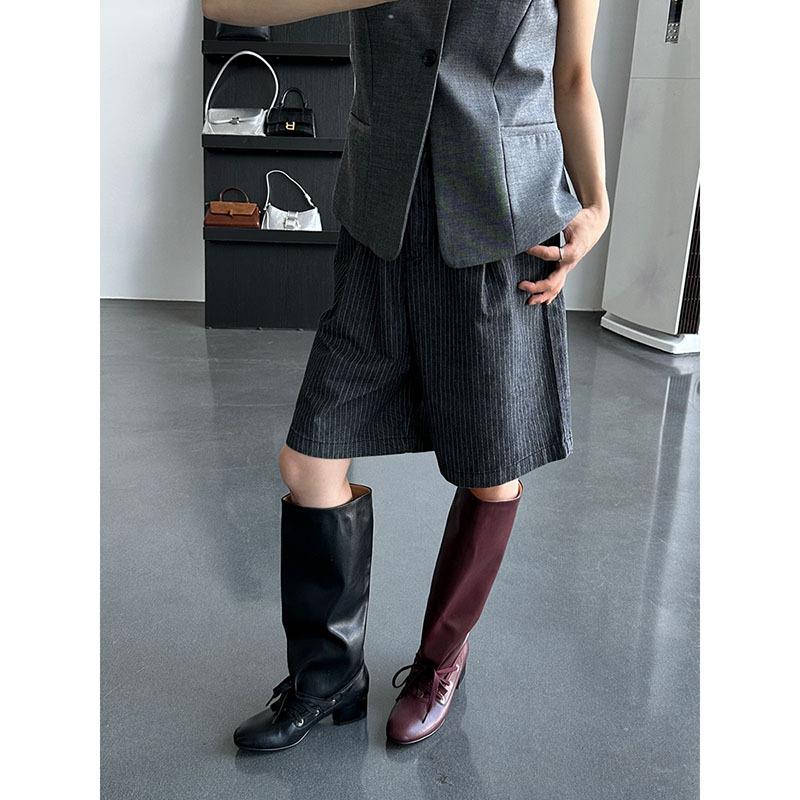 Sheepskin version~ retro round head pleated straps stacked boots women's 2025 new thick heel ballet style tall knight boots