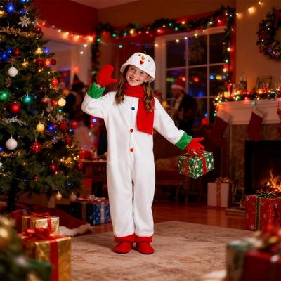 Kids Christmas Snowman Onesie Unisex Snowman Cosplay Costume Winter Plush One-Piece Pajamas with Gloves And Scarf for Boys Girls