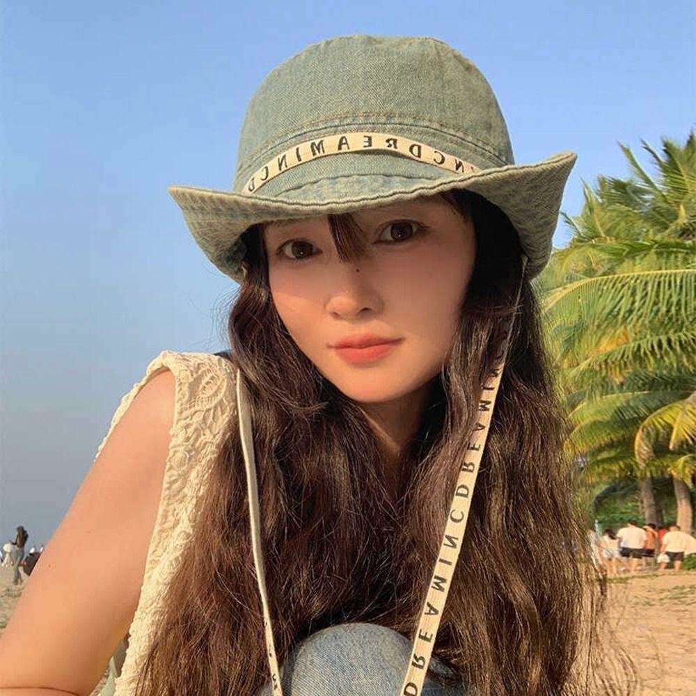 

Wide Brim Denim Bucket Hat Strap Western Cowboy Hat Famale Canvas Fisherman Hat Outdoor style 3