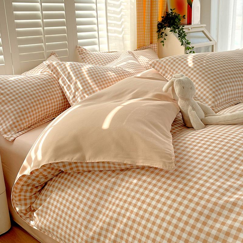 Muji Japanese Washed Cotton Flannel Plaid Bedding Set - 4 Pieces, Good Quality, Student Dormitory Style