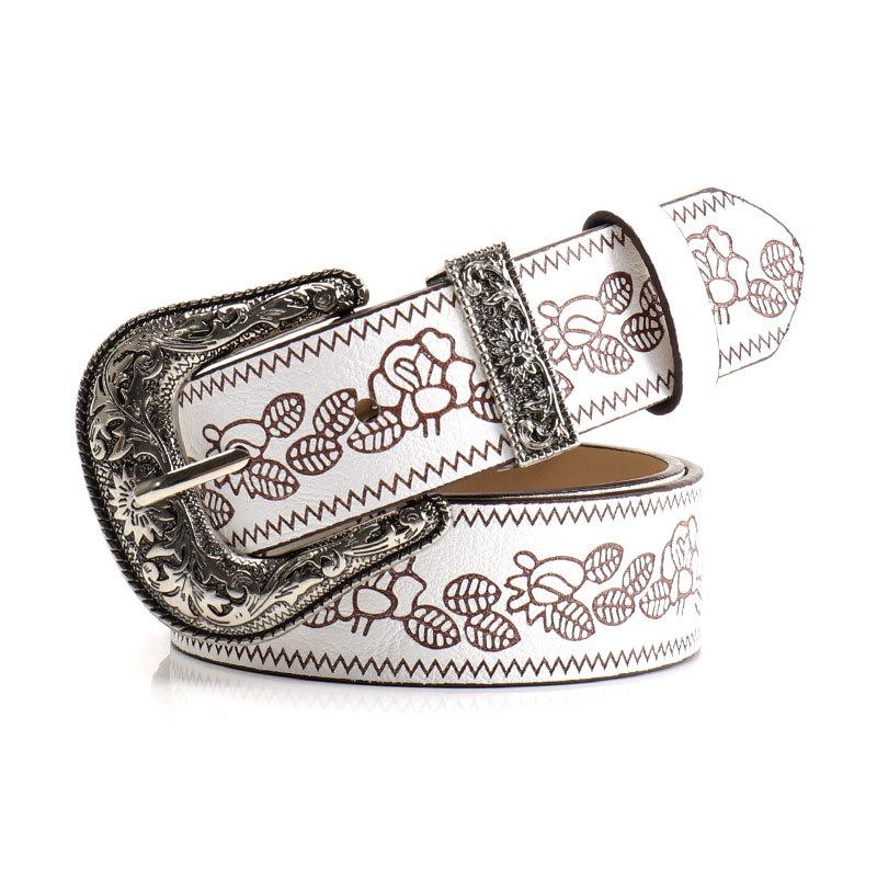 Stylish and Edgy Retro Embossed Women’s Belt Trendy “It Girl” Subculture Women’s Versatile Leather Belt with Bull Pin Buckle