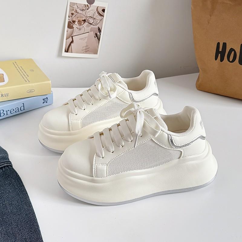 Women's Platform White Shoes 2025 Spring Autumn Height Increase Student Board Shoes Comfortable Fashion Cross Tied Casual Shoes