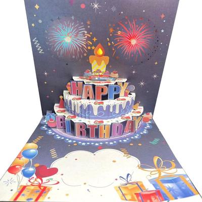 Musical and Light Happy Birthday Card Effect Blowable Led Candle 3D Popup Greeting Card Beautiful Hollowed