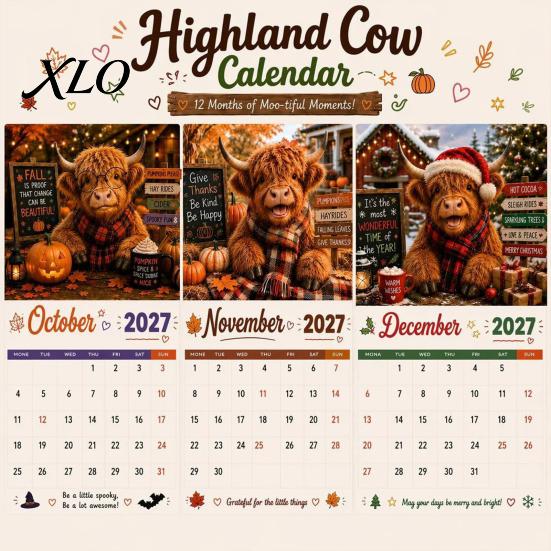 Papier Monats-Wandplaner 2027 Lustiger Hochlandrind Kalender, Niedliches Bauernhoftier 12 Monate Dekorativ für Zuhause Schottische Hängende Rustikale Dekoration Kunst