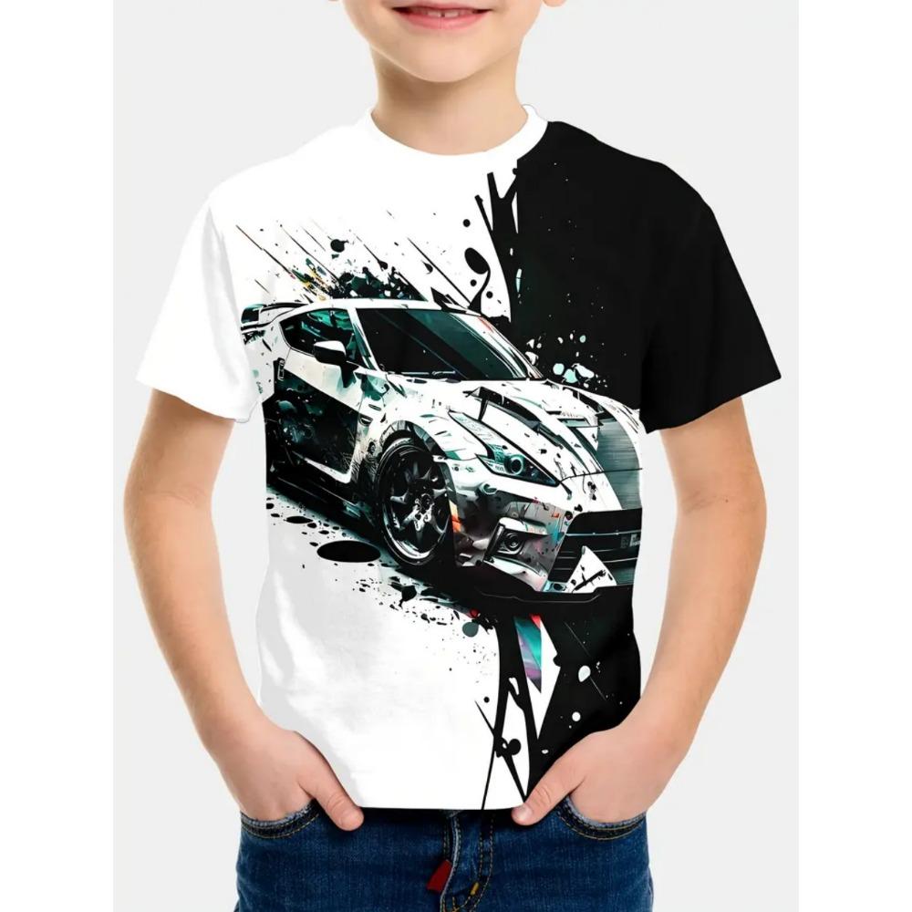 Racing pattern printed T-shirt for boys and girls, gift for children, short sleeved top, children's clothing, boys' T-shirt