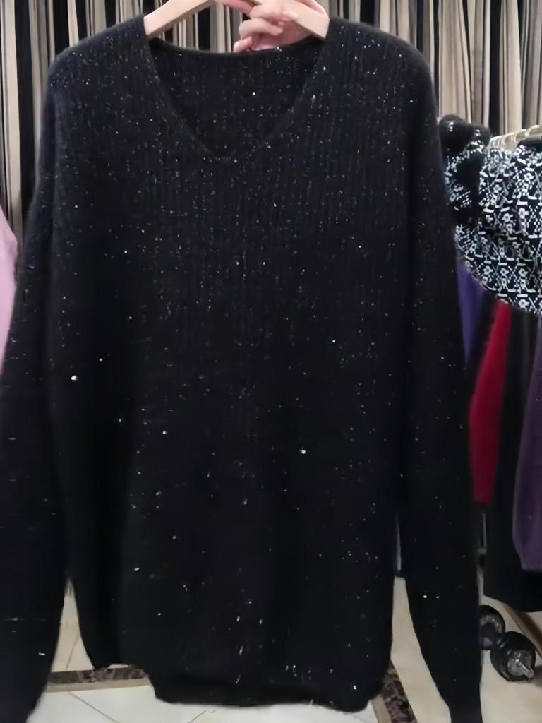 2026 Autumn Fine Glitter V-Neck Sequined Knitwear Sweater - Stylish Lazy Black Edition for Women